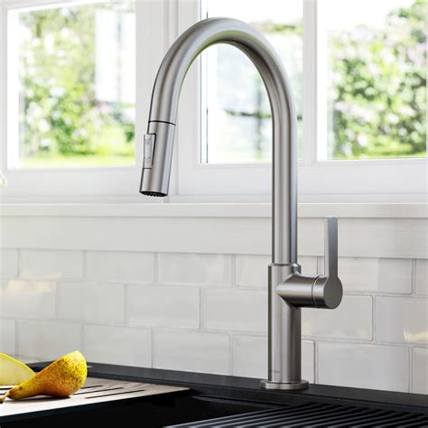 KRAUS Oletto Touchless Sensor Commercial Pull-Down Single Handle Kitchen Faucet with QuickDock Top Mount Assembly in Spot Free Antique Champagne Bronze, KSF-2631SFACB. . Kraus kitchen faucets